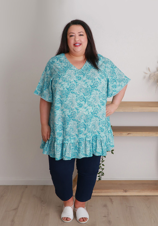 Plus Size Pretty Frilled Top In Blue Paisley 