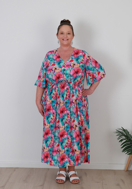 plus size summer floral peak midi dress with short sleeves