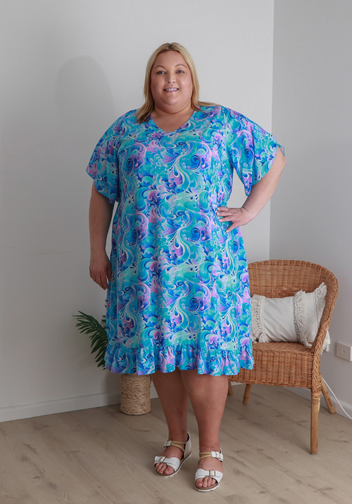 Plus Size Split Sleeve Dress In Blue And Purple Swirls