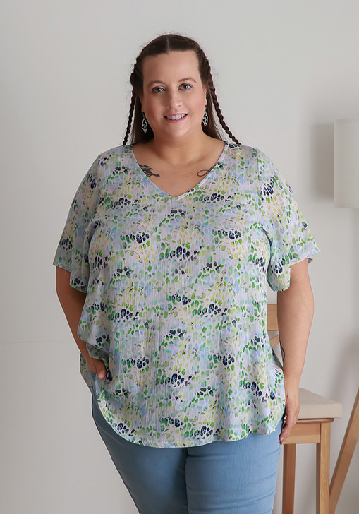 Textured Animal Print Top In Green And Yellow