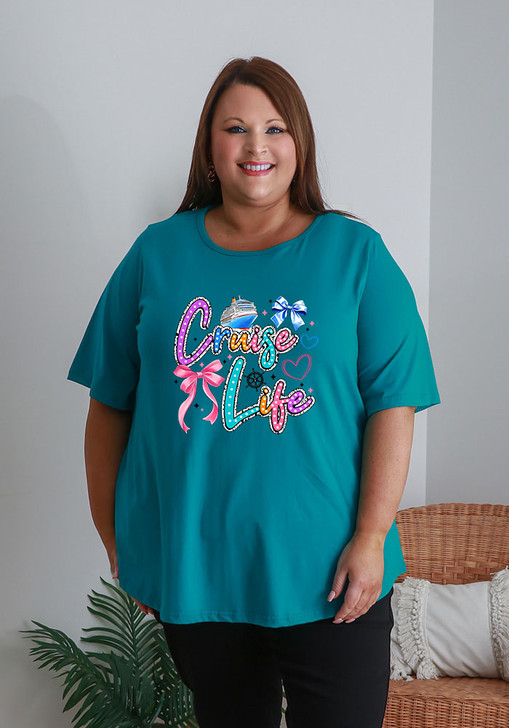 Plus Size Cruise Life Round Neck Tee In Turquoise
