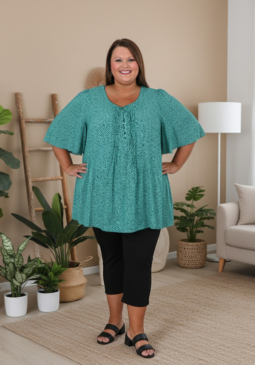 Plus Size Pintuck Top In Speckled Green