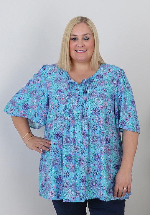 Pintuck Top In Blue Floral