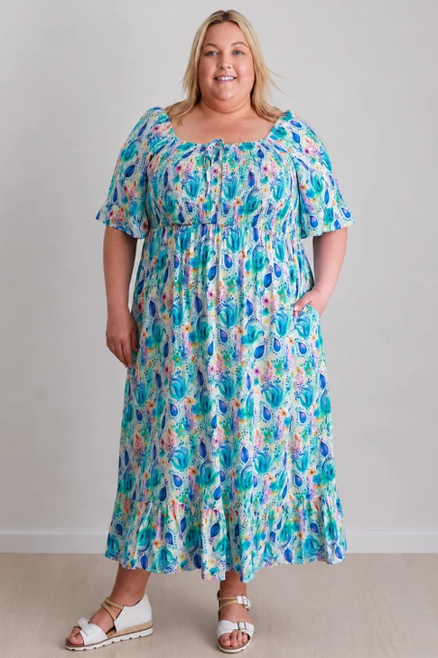 Plus Size Shirred Bust Maxi Dress In Watercolour Blues