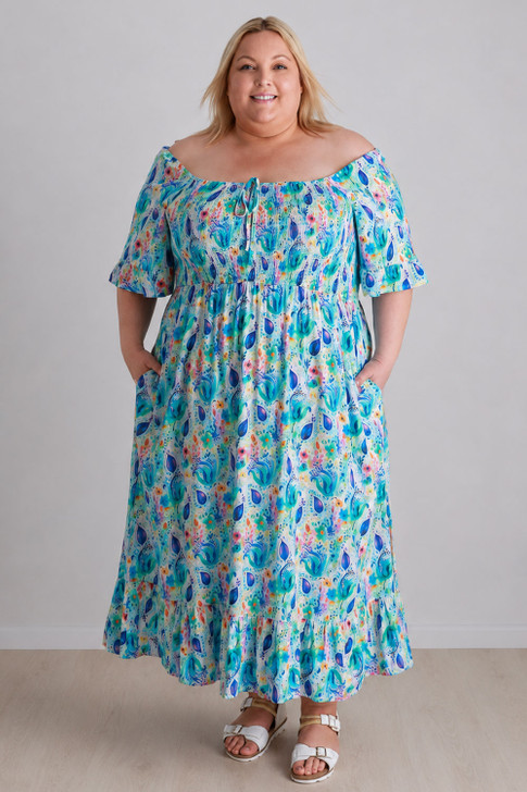 Shirred Bust Maxi Dress In Watercolour Blues