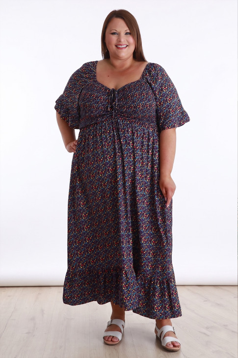 Shirred Bust Maxi Dress In Colourful Olive Print