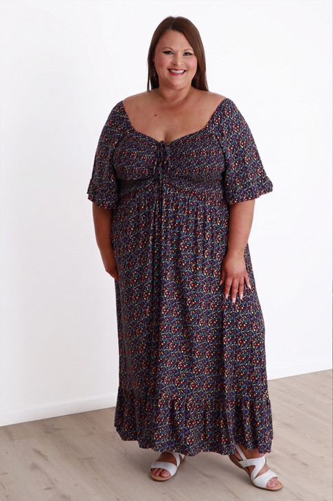 Plus Size Shirred Bust Maxi Dress In Colourful Olive Print