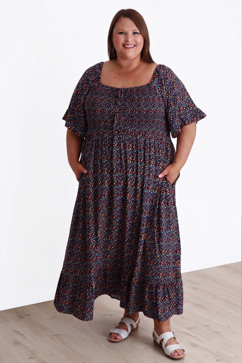 Plus Size Shirred Bust Maxi Dress In Colourful Olive Print