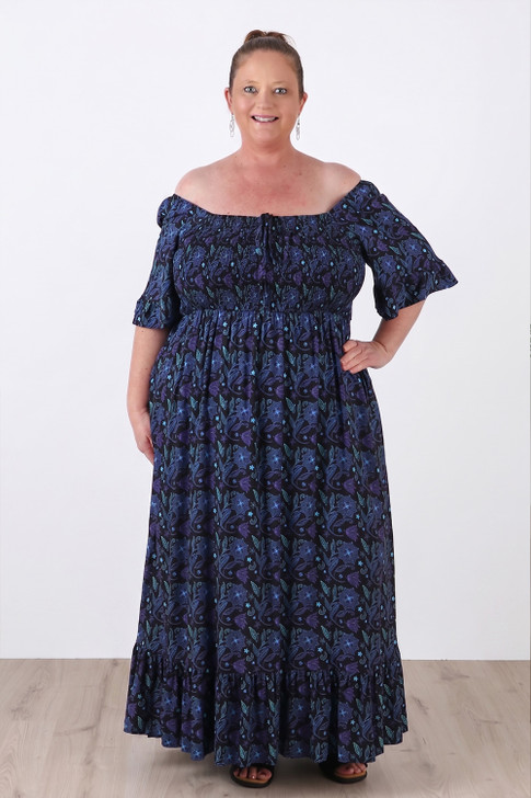 Plus Size Shirred Bust Maxi Dress Mandala Inspired Florals 