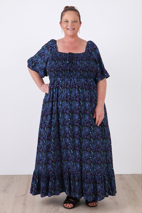 Plus Size Shirred Bust Maxi Dress Mandala Inspired Florals 