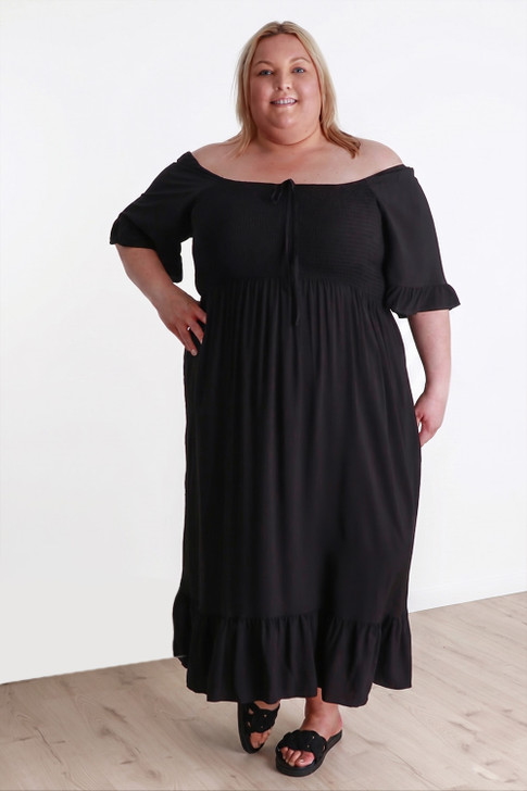Plus Size Shirred Bust Maxi Dress In Black