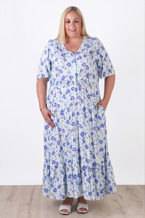 Plus Size Shirred Waist Dress In Periwinkle Flower