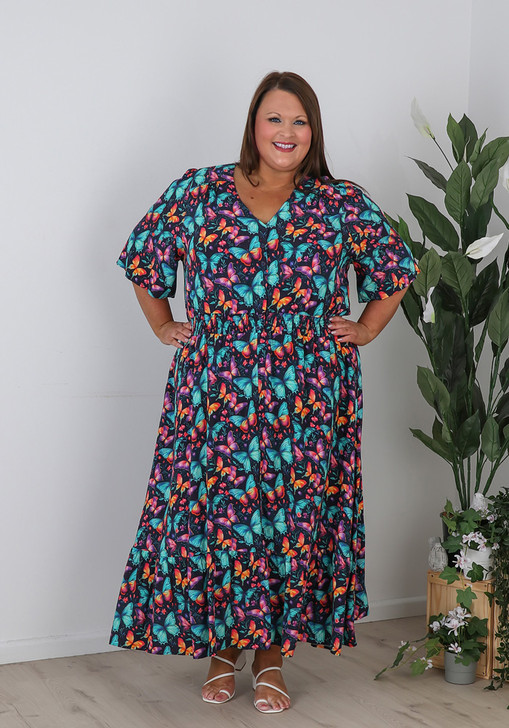 Plus Size Shirred Waist Dress In Butterfly Burst