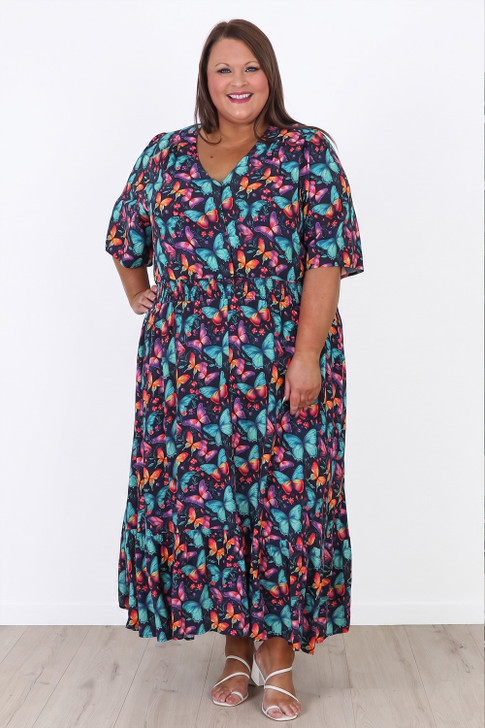 Plus Size Shirred Waist Dress In Butterfly Burst