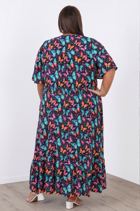 Plus Size Shirred Waist Dress In Butterfly Burst