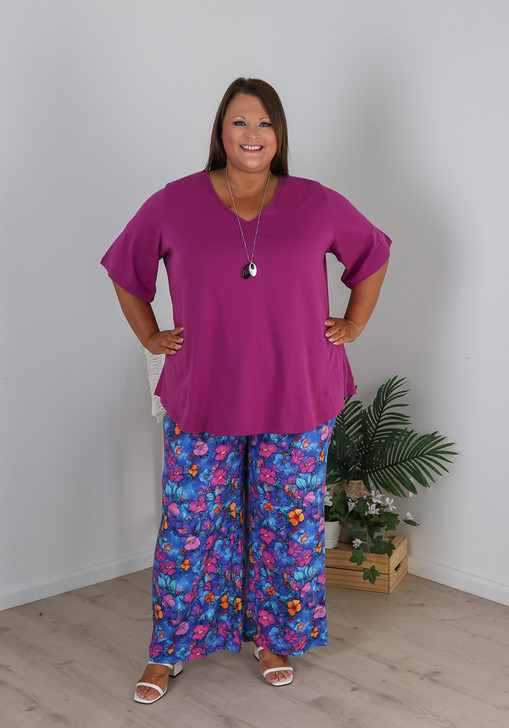 plus size wide leg blue and pink floral pants
