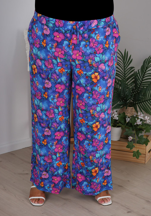 plus size Summer blue pink floral pants