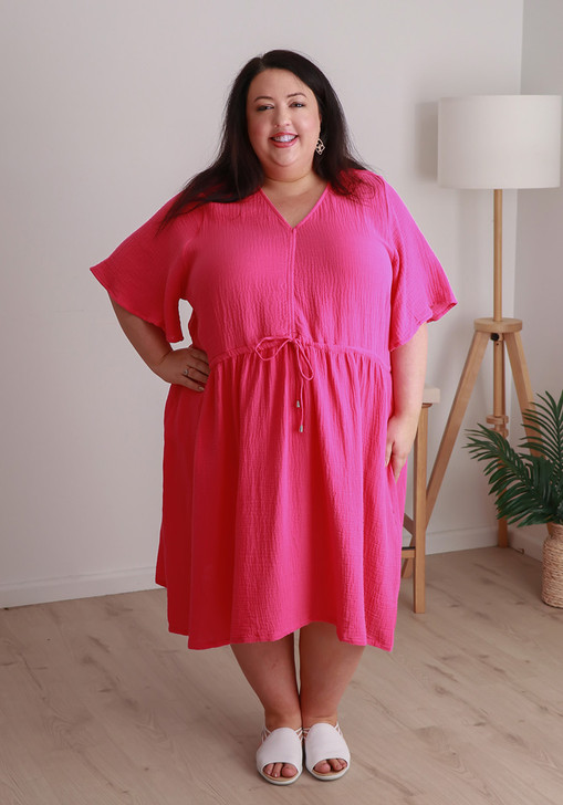 Textured Cotton Short Dress In Magenta