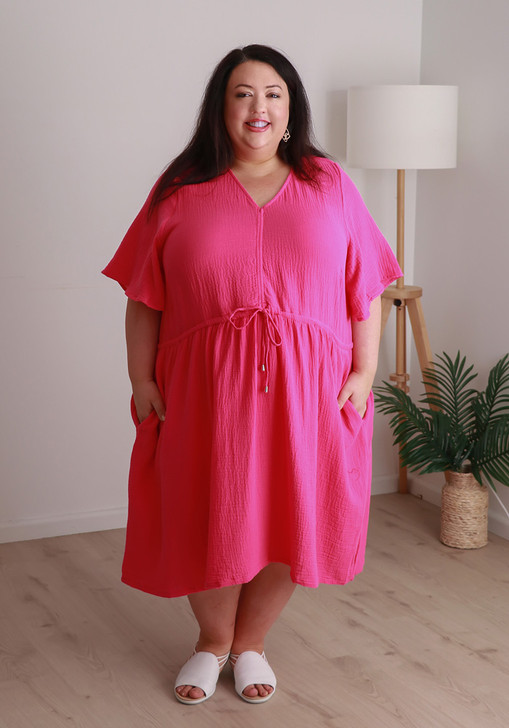 Plus Size Textured Cotton Short Dress In Magenta