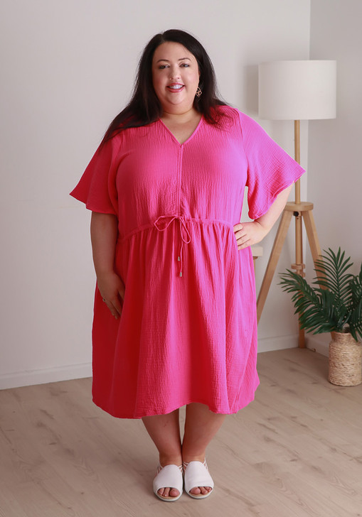 Plus Size Textured Cotton Short Dress In Magenta