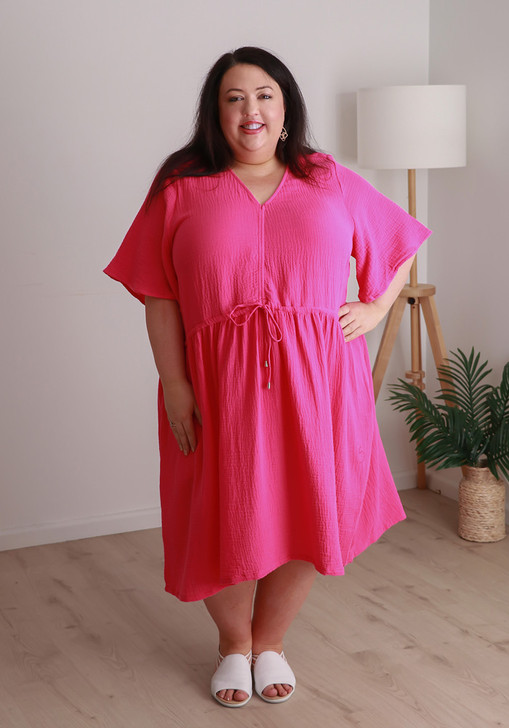 Plus Size Textured Cotton Short Dress In Magenta