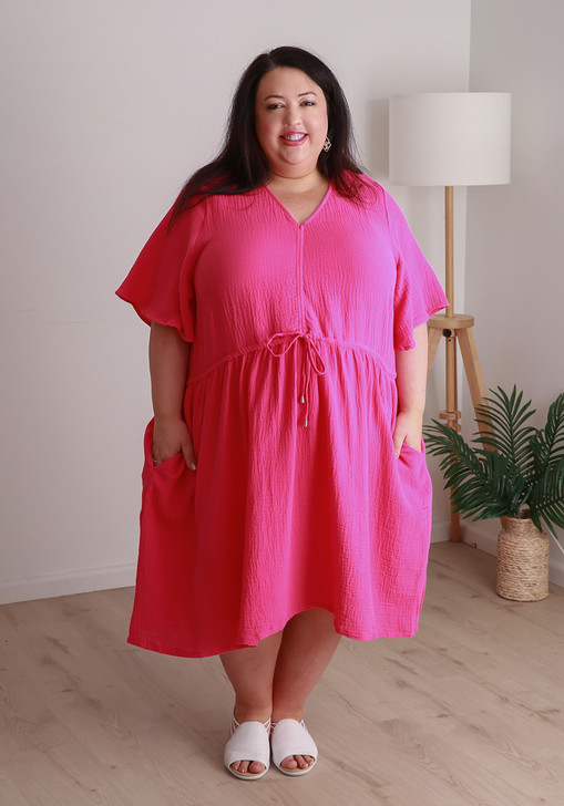 Plus Size Textured Cotton Short Dress In Magenta