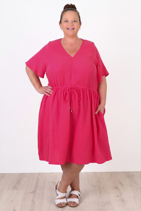 Plus Size Textured Cotton Short Dress In Magenta