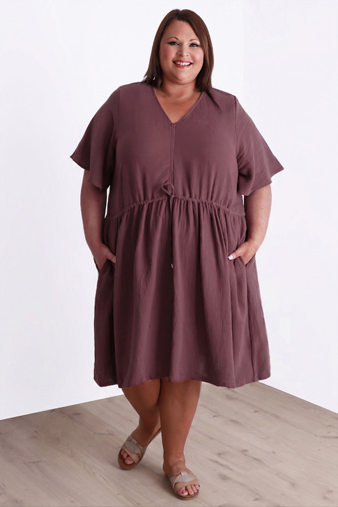 Textured Cotton Short Dress In Mocha