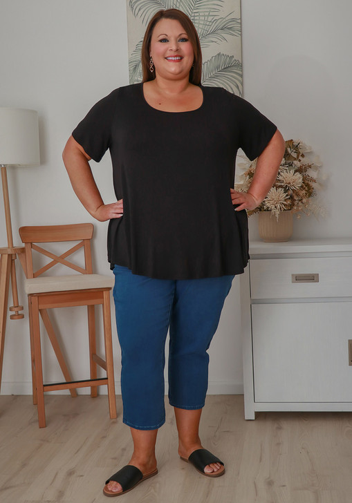 Plus Size Stretch Denim Capri In Mid Blue