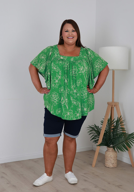 Plus Size Square Neck Short Sleeve Top In Green 