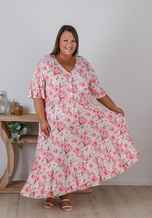 Plus Size Shirred Waist Maxi Dress In Pink Romance 