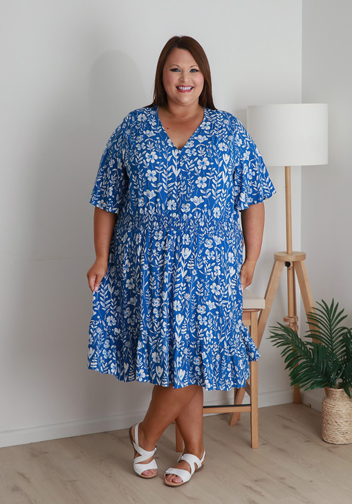 Plus Size Waist Dress In Blue And White 