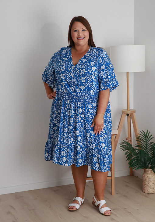 Plus Size Waist Dress In Blue And White Curvaceous
