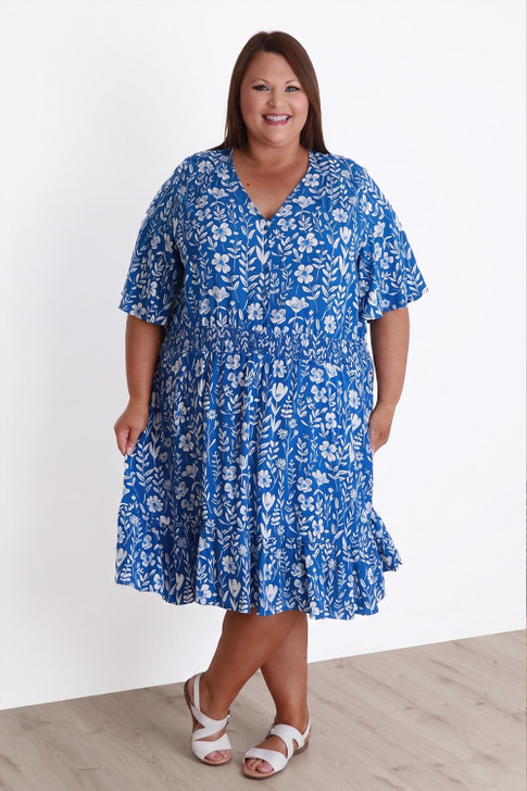 Plus Size Shirred Waist Dress In Blue And White 