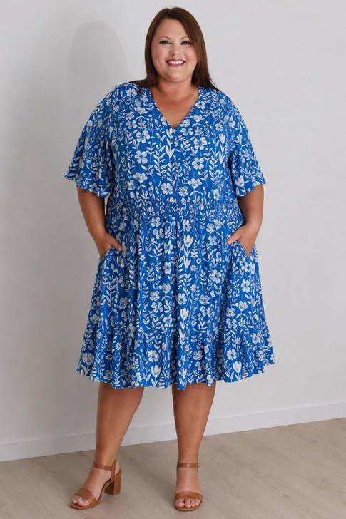 Short Sleeve Blue And White Summer Dress