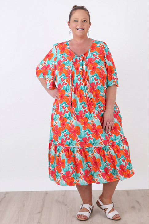 Pintuck Dress In Summer Hibiscus