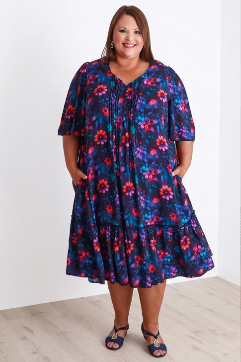 Plus Size Navy Bloom Pintuck Dress