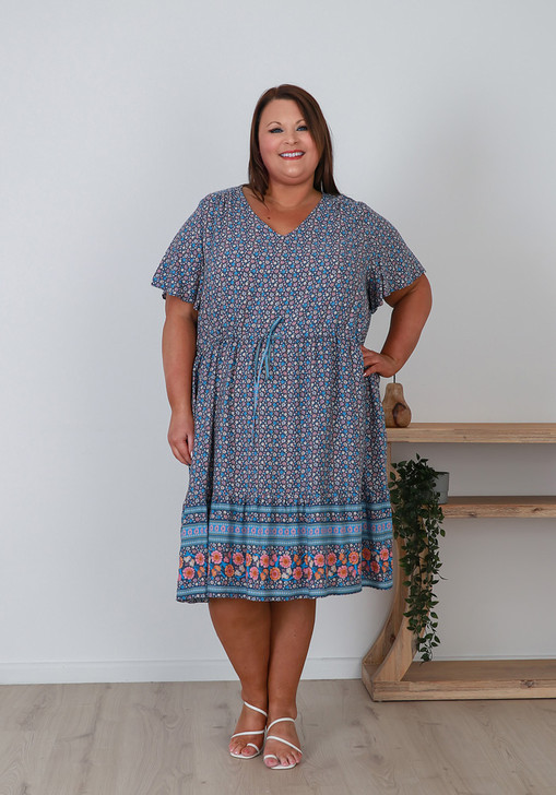 Short Sleeve Blue Floral Boho Dress