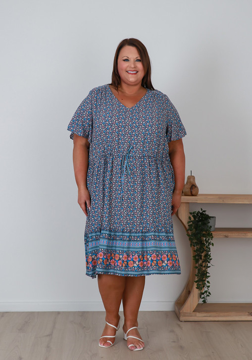 Plus Size Tie Waist Short Dress In Blue Ditzy Print
