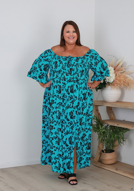 Shirred Bust Maxi Dress In Aqua Shadow Floral