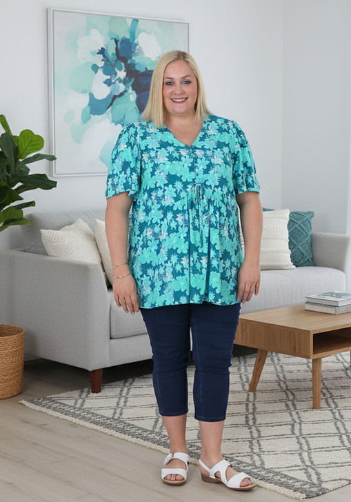 Plus  Size Peak Top With Buttons In Turquoise And Teal
