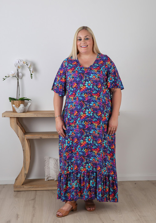 Plus Size Tie Waist Maxi Dress In Bright Flowers