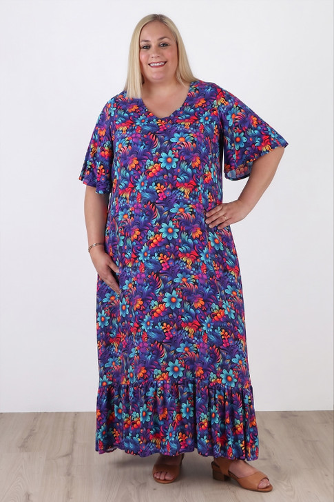 Plus Size Tie Waist Maxi Dress In Bright Flowers