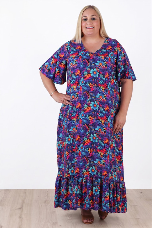 Plus Size Tie Waist Maxi Dress In Bright Flowers