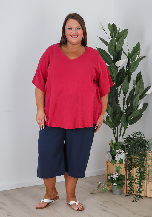 Plus Size Textured Cotton Crop Pant In Navy
