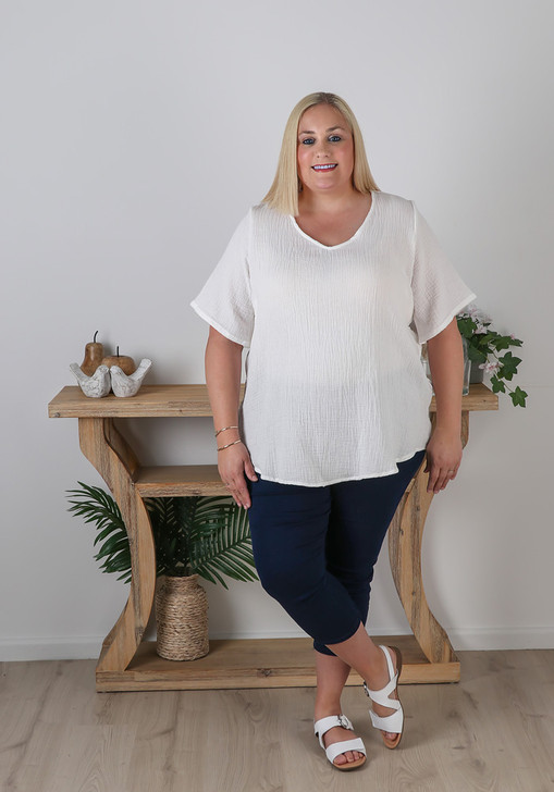 Plus Size Textured Cotton V Neck Top In White