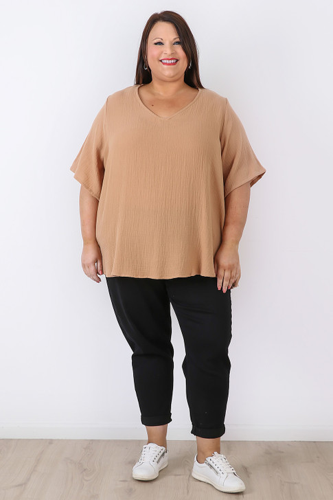 plus size Cotton V Neck Top In Latte
