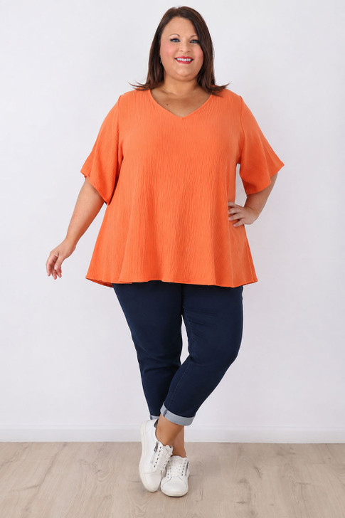 Plus Size Textured Cotton V Neck Top In Orange
