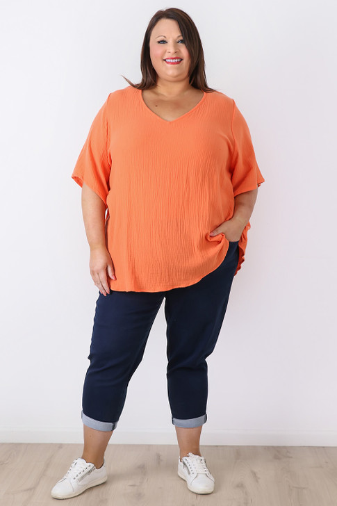 Plus Size Textured Cotton V Neck Top In Orange