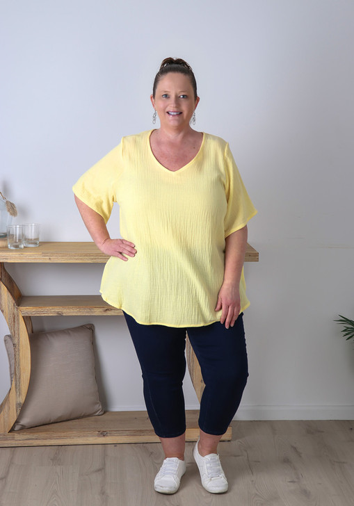 Plus Size Textured Cotton V Neck Top In Butter Yellow